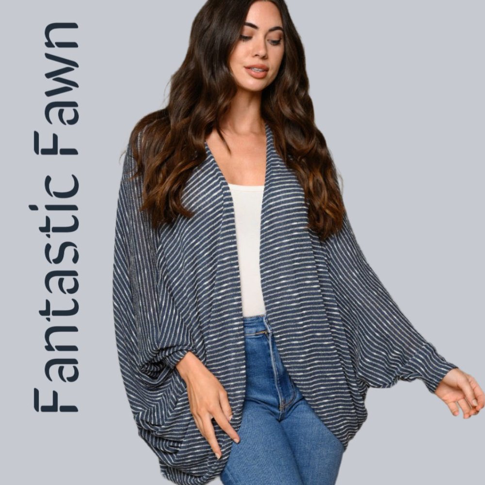 NWT Fantastic Fawn Long Drape Sleeves Striped Open Front Cardigan Navy & Ivory